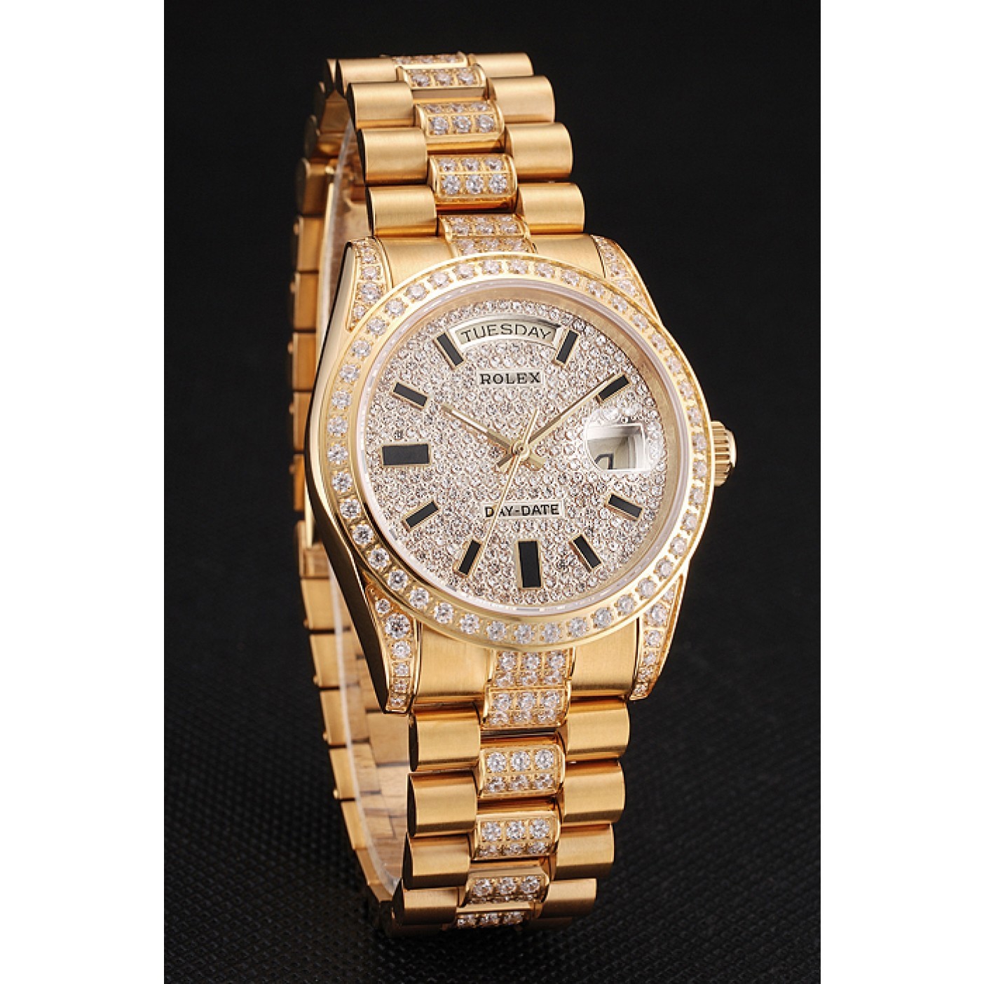 MiroTime Swiss Rolex Day Date Yellow Gold Diamond Pave