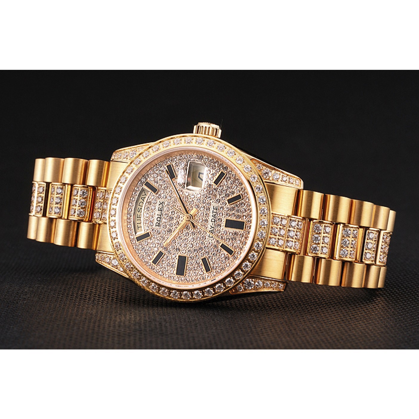 MiroTime Swiss Rolex Day Date Yellow Gold Diamond Pave