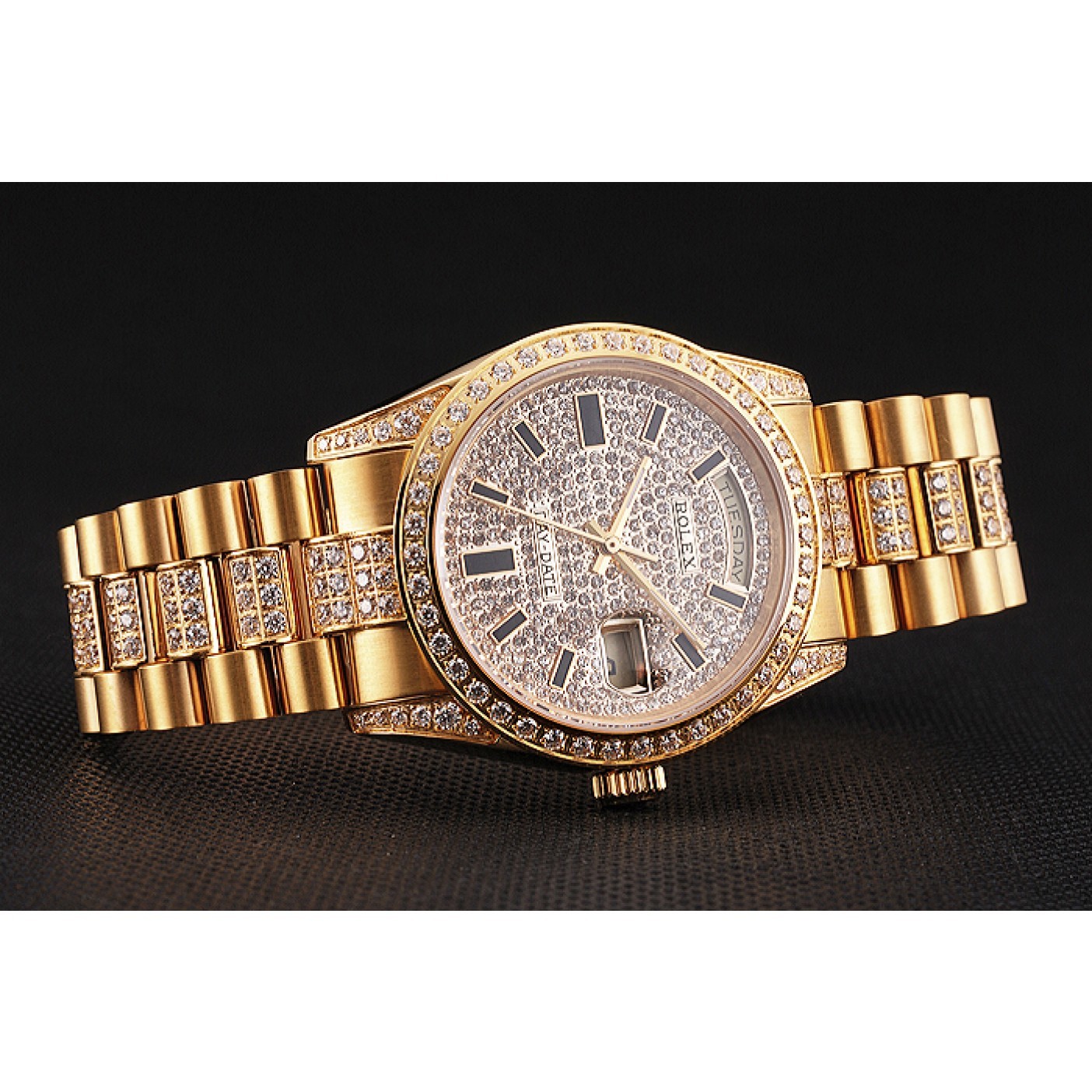 MiroTime Swiss Rolex Day Date Yellow Gold Diamond Pave