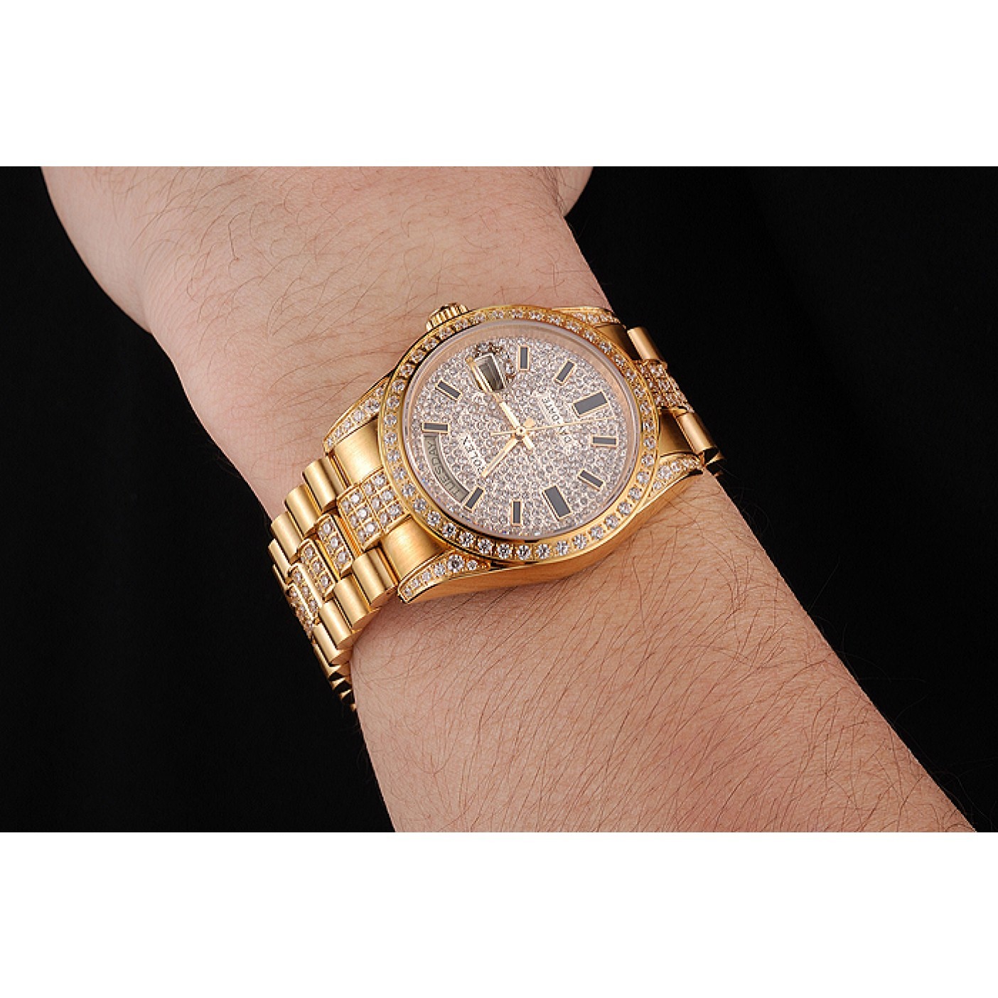 MiroTime Swiss Rolex Day Date Yellow Gold Diamond Pave
