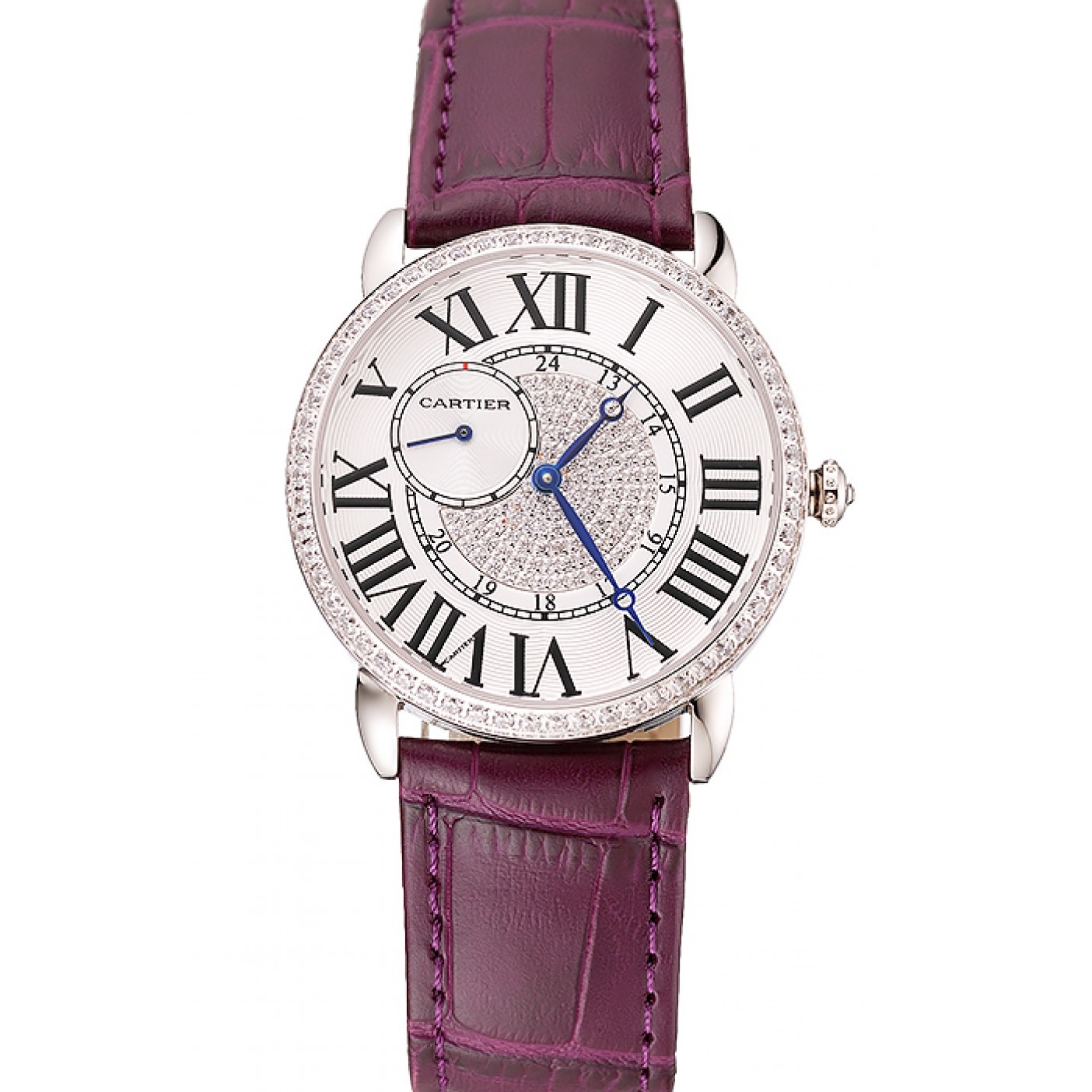 MiroTime Cartier Ronde Louis Silver Diamond Case White Dial Purple Leather Bracelet 1454009