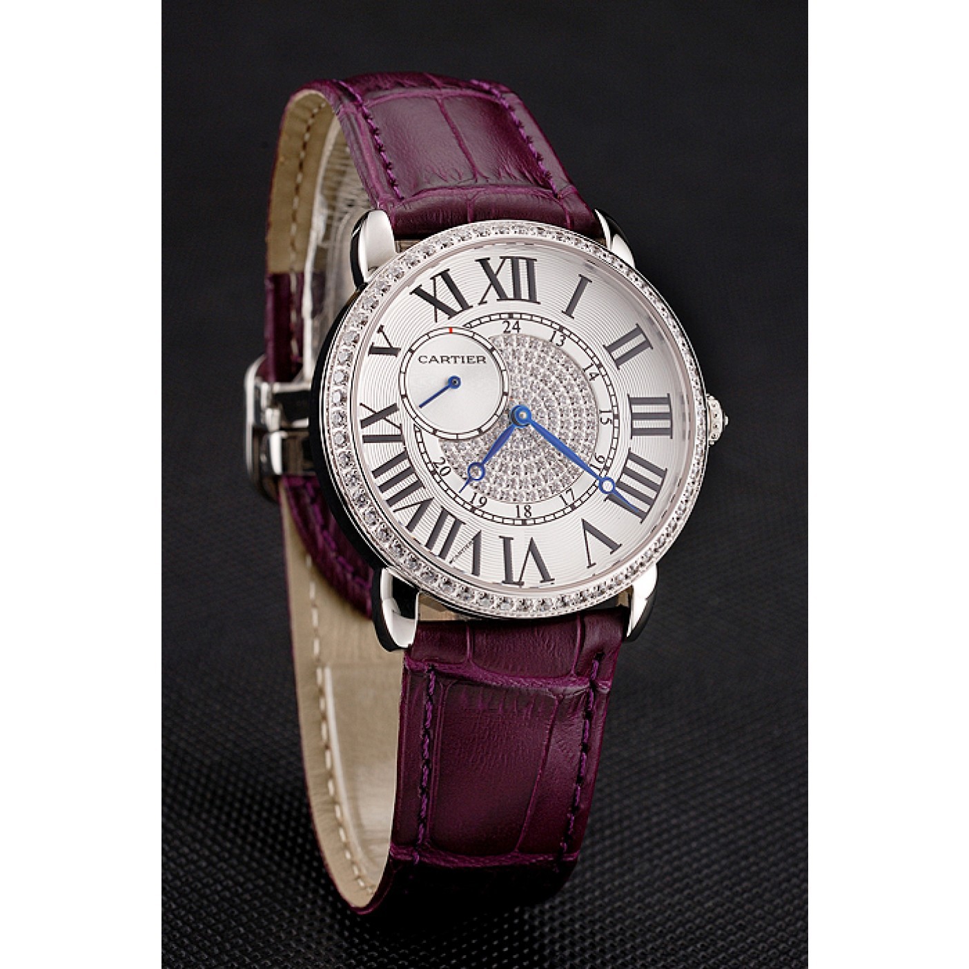 MiroTime Cartier Ronde Louis Silver Diamond Case White Dial Purple Leather Bracelet 1454009