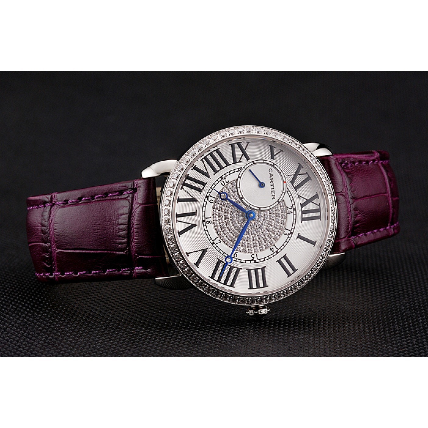 MiroTime Cartier Ronde Louis Silver Diamond Case White Dial Purple Leather Bracelet 1454009