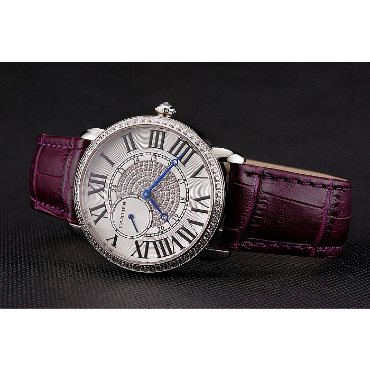 MiroTime Cartier Ronde Louis Silver Diamond Case White Dial Purple Leather Bracelet 1454009