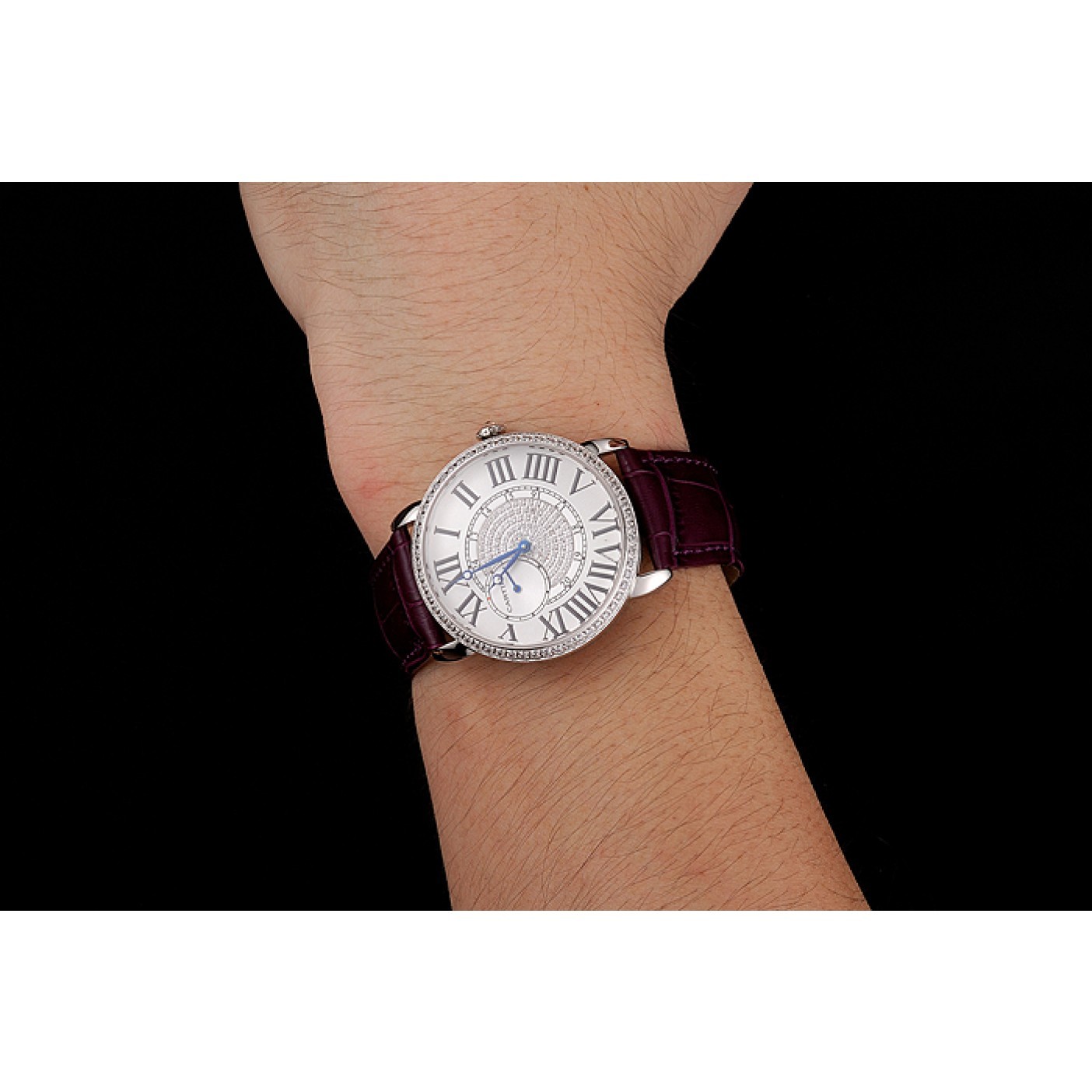 MiroTime Cartier Ronde Louis Silver Diamond Case White Dial Purple Leather Bracelet 1454009