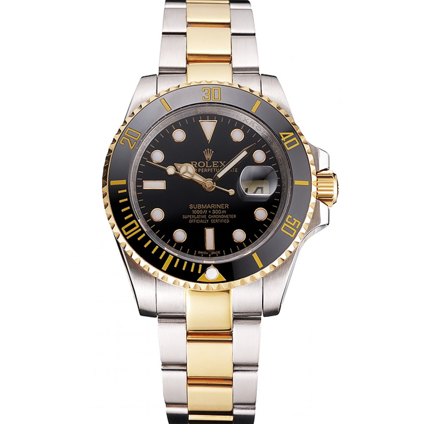MiroTime Swiss Rolex Submariner Black Dial And Bezel Two Tone Steel Gold Bracelet