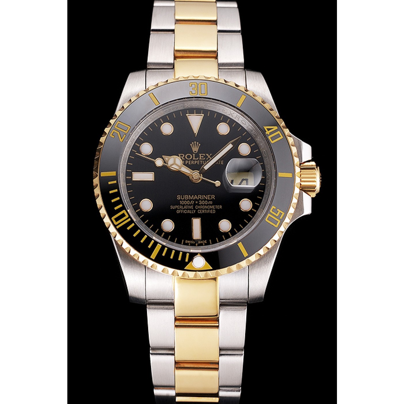 MiroTime Swiss Rolex Submariner Black Dial And Bezel Two Tone Steel Gold Bracelet
