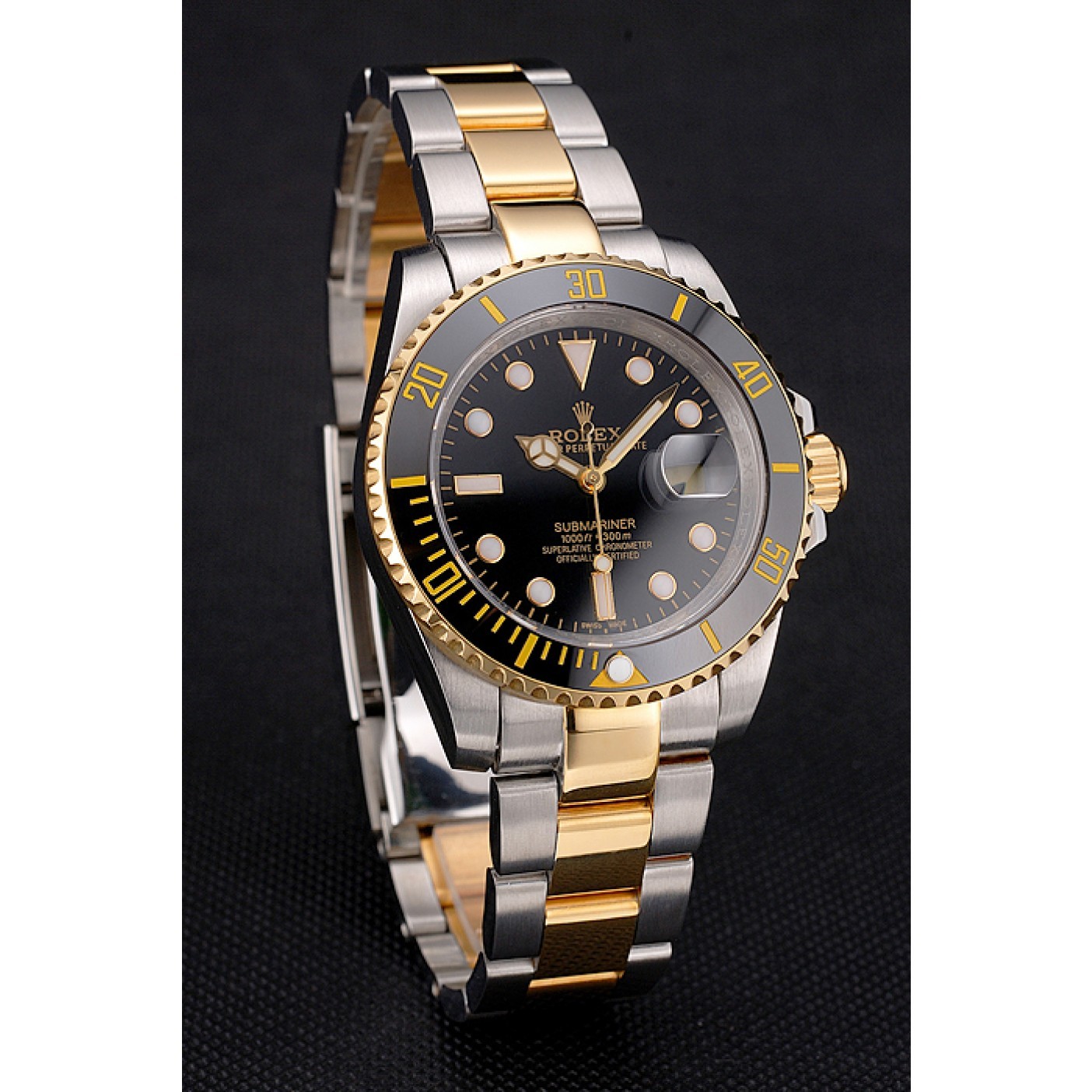 MiroTime Swiss Rolex Submariner Black Dial And Bezel Two Tone Steel Gold Bracelet