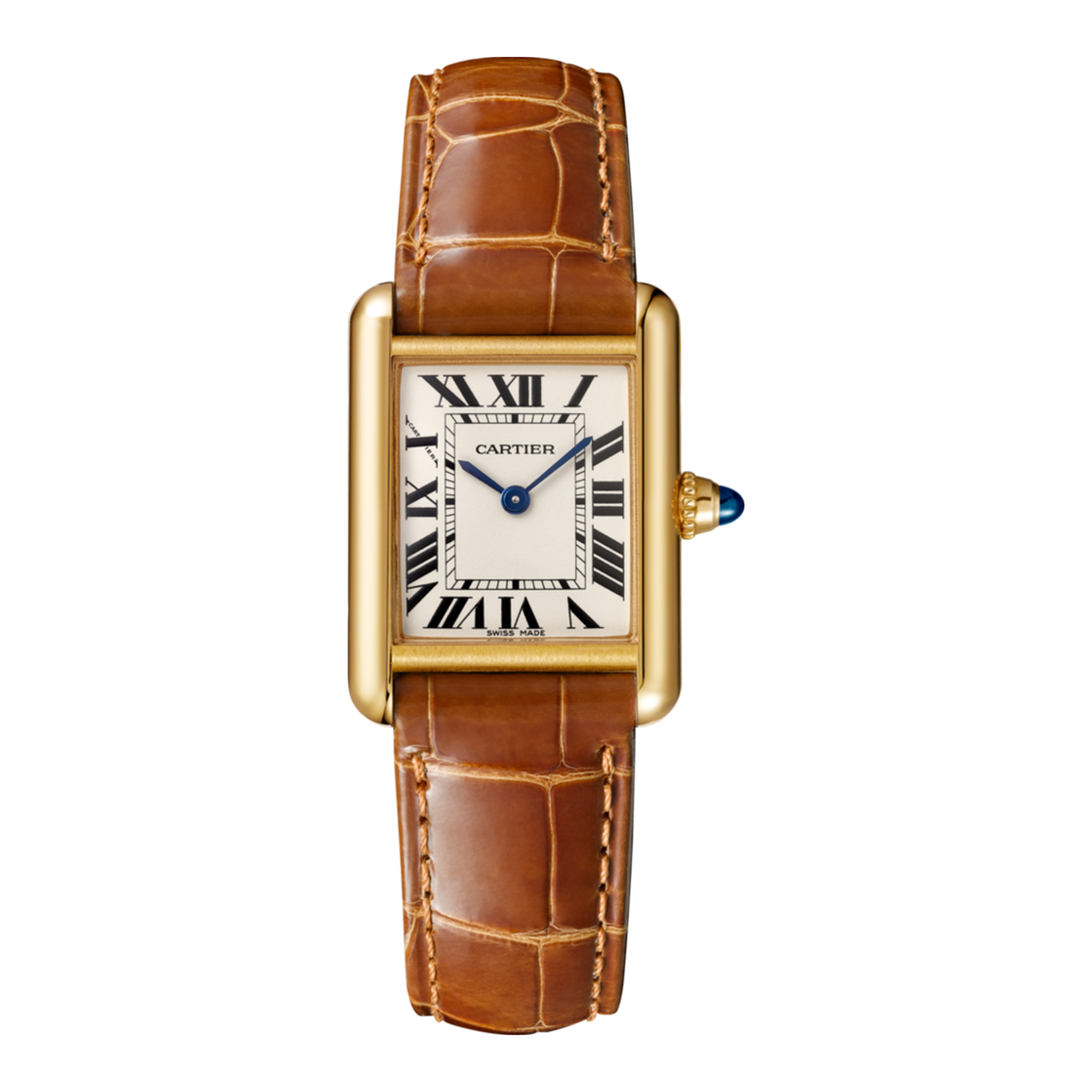 MiroTime Swiss Tank Louis Cartier watch, Small model, 18K yellow gold, leather, sapphire