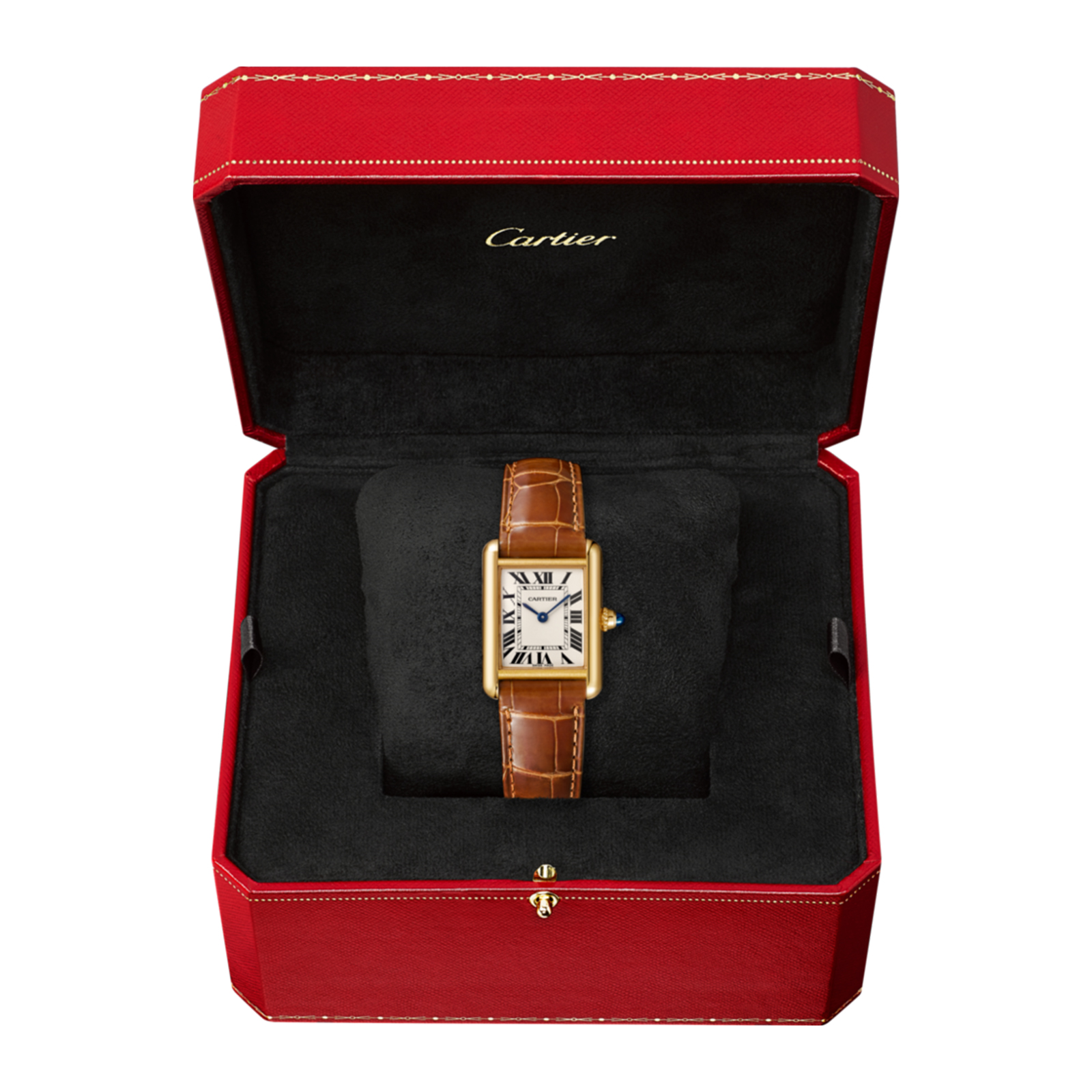 MiroTime Swiss Tank Louis Cartier watch, Small model, 18K yellow gold, leather, sapphire