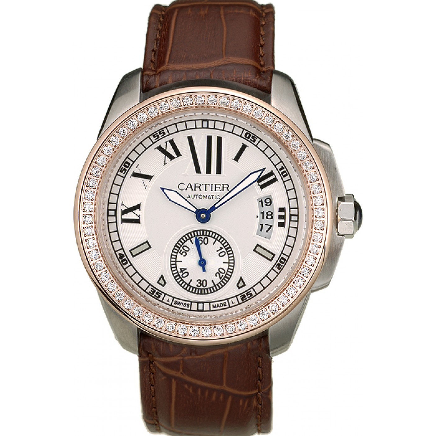 MiroTime Cartier Calibre White Dial Diamonds Two Tone Case Brown Leather Bracelet