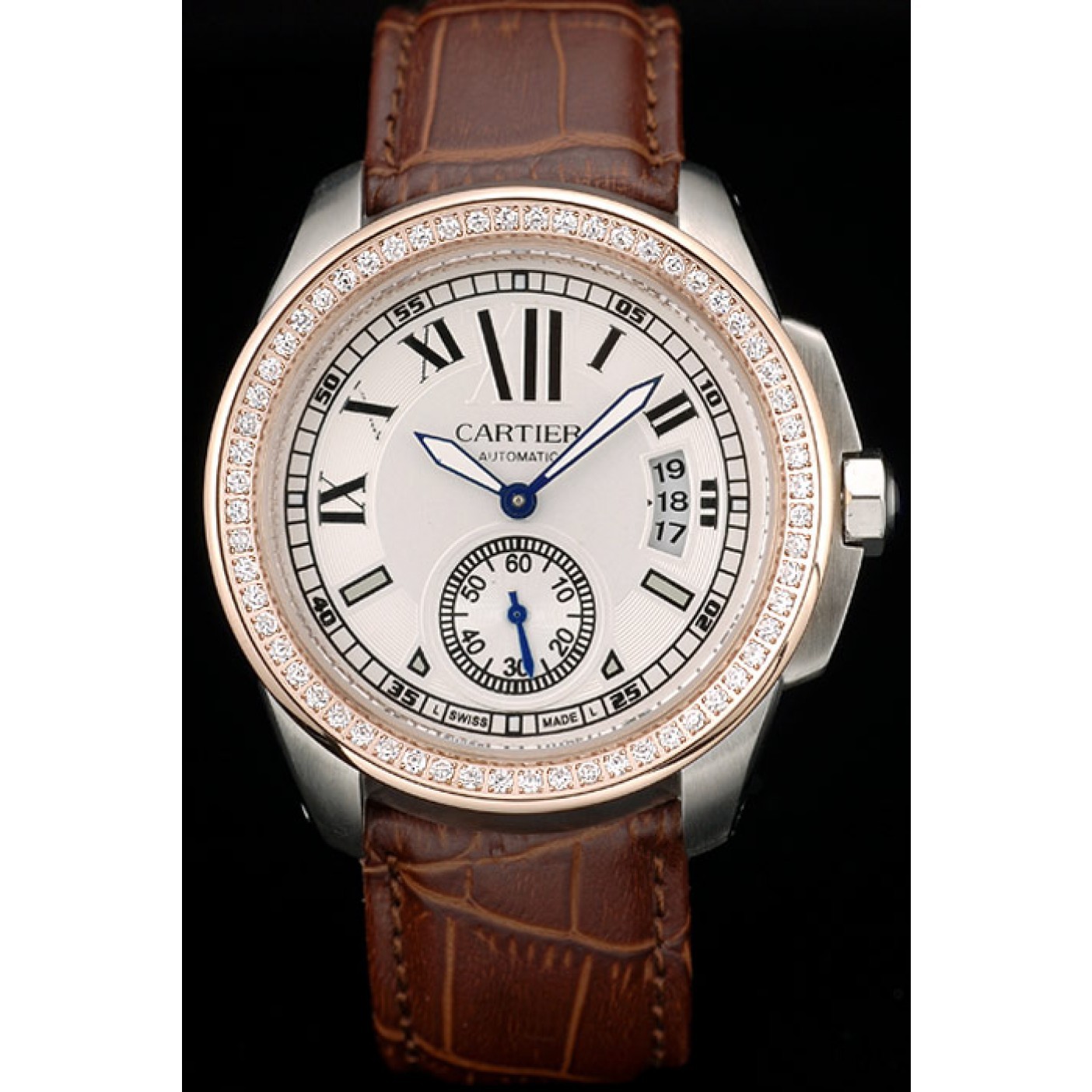 MiroTime Cartier Calibre White Dial Diamonds Two Tone Case Brown Leather Bracelet
