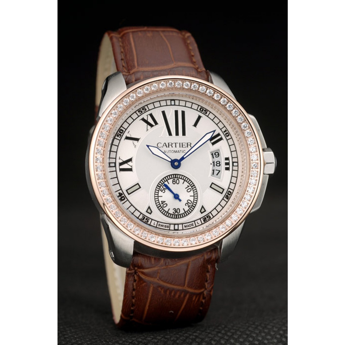 MiroTime Cartier Calibre White Dial Diamonds Two Tone Case Brown Leather Bracelet