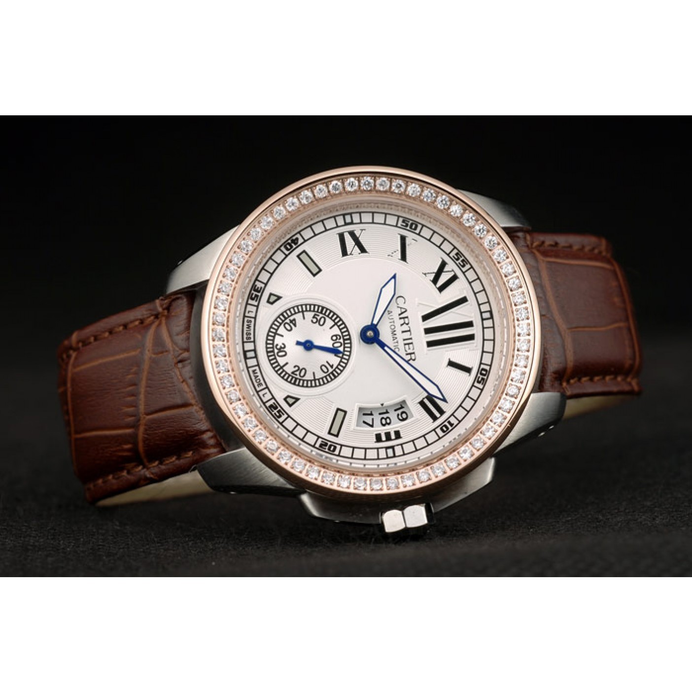 MiroTime Cartier Calibre White Dial Diamonds Two Tone Case Brown Leather Bracelet