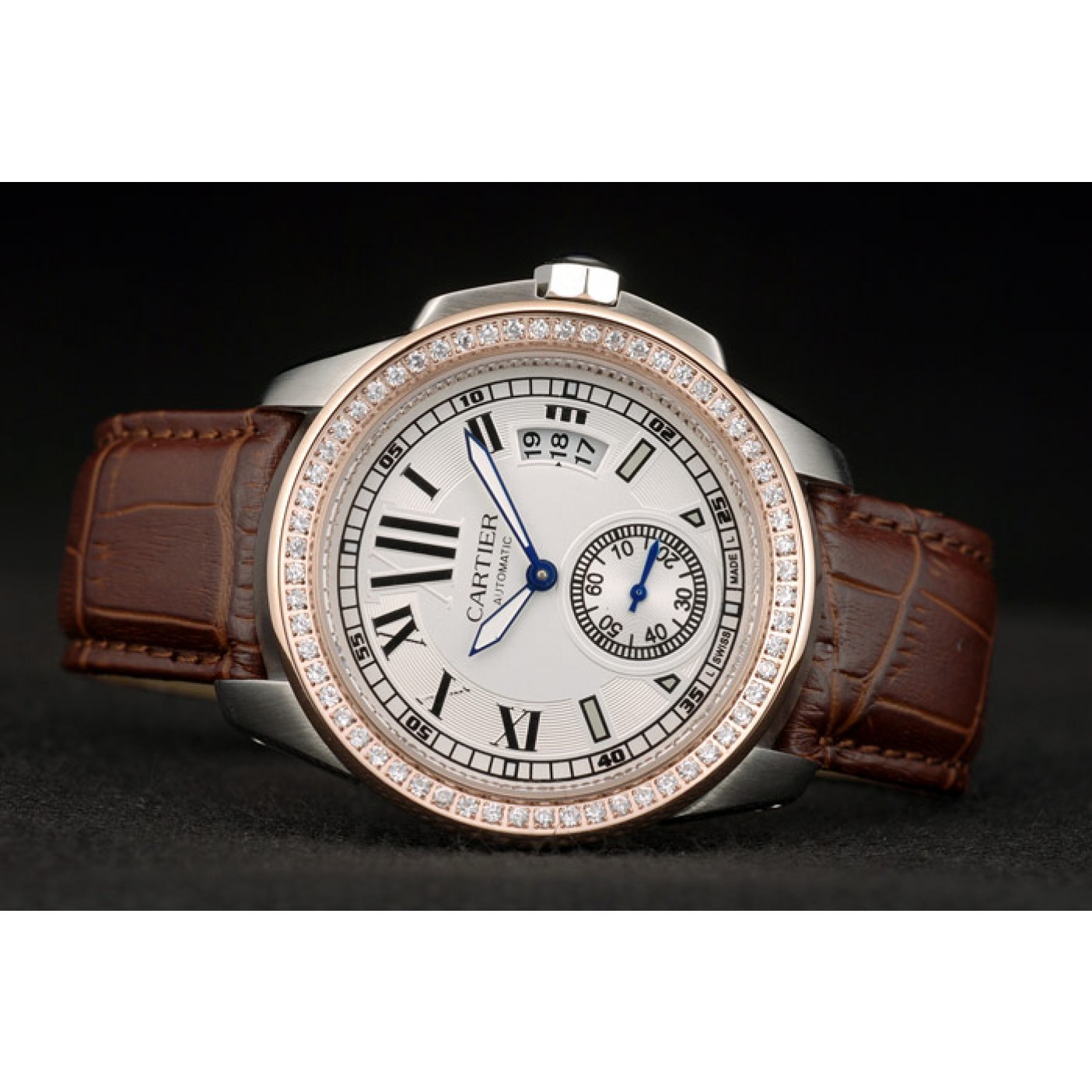 MiroTime Cartier Calibre White Dial Diamonds Two Tone Case Brown Leather Bracelet