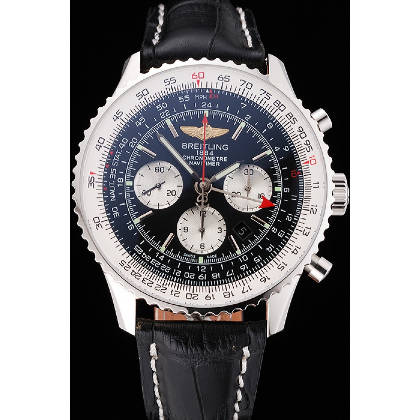 MiroTime Swiss Breitling Navitimer Black Dial Stainless Stell Case Black Leather Strap