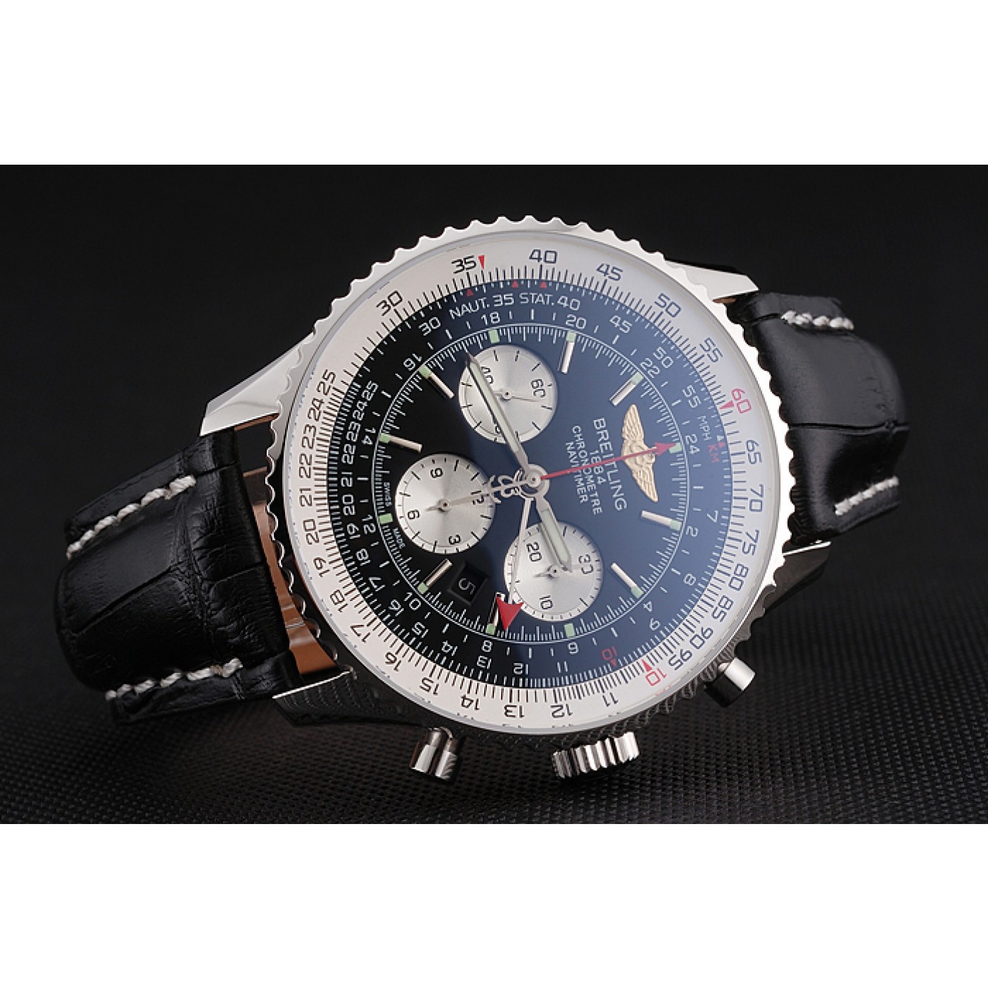 MiroTime Swiss Breitling Navitimer Black Dial Stainless Stell Case Black Leather Strap