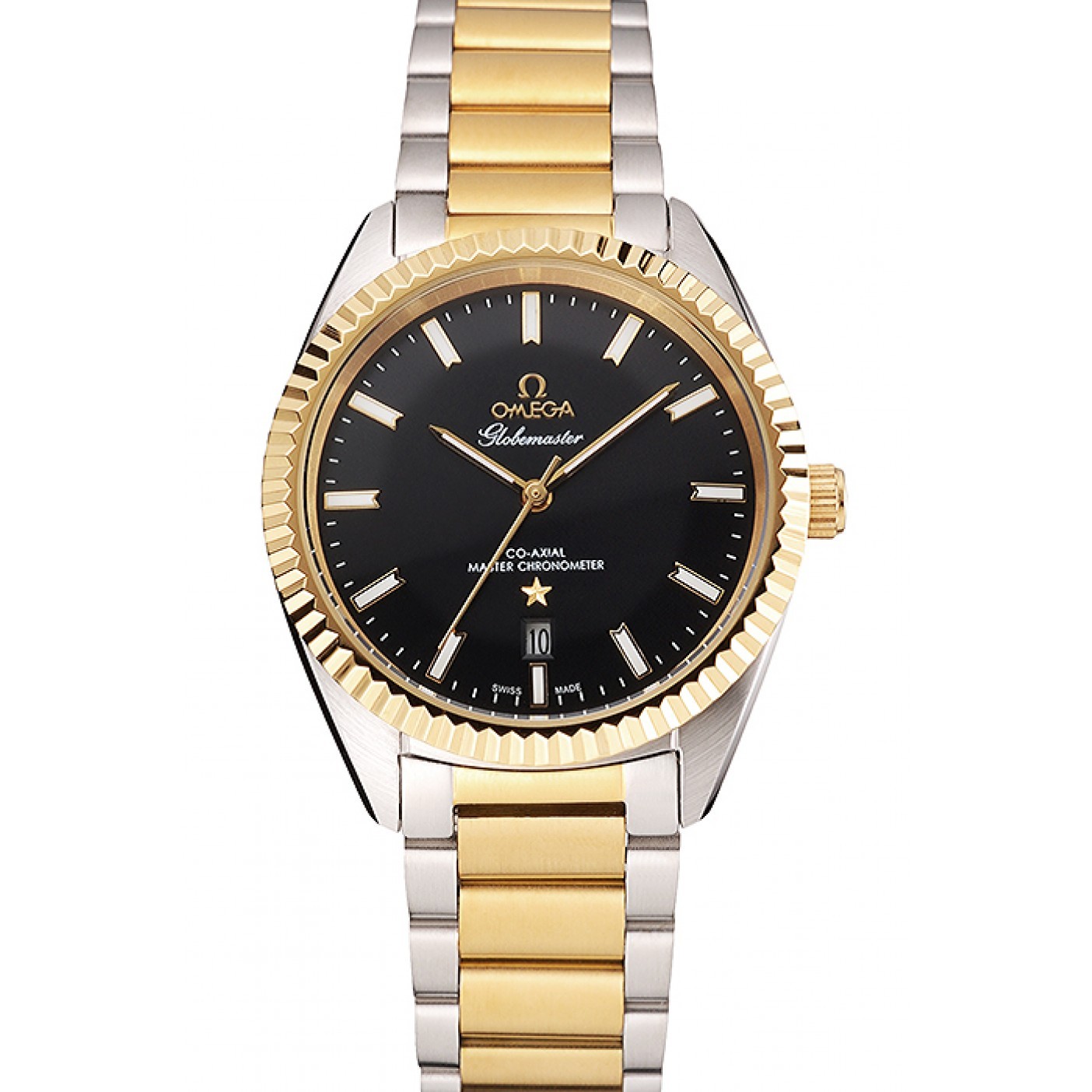 MiroTime Omega Globemaster Black Dial Stainless Steel Case Gold Bezel Two Tone Bracelet