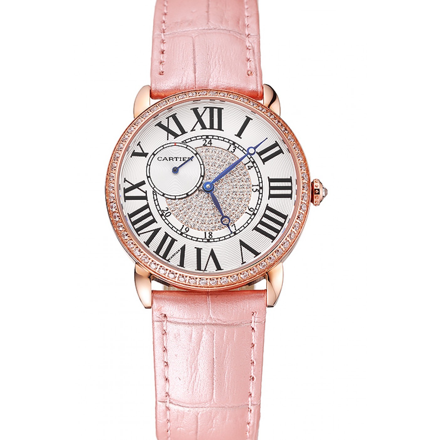 MiroTime Cartier Ronde Louis Gold Diamond Case White Dial Pink Leather Bracelet 1454007