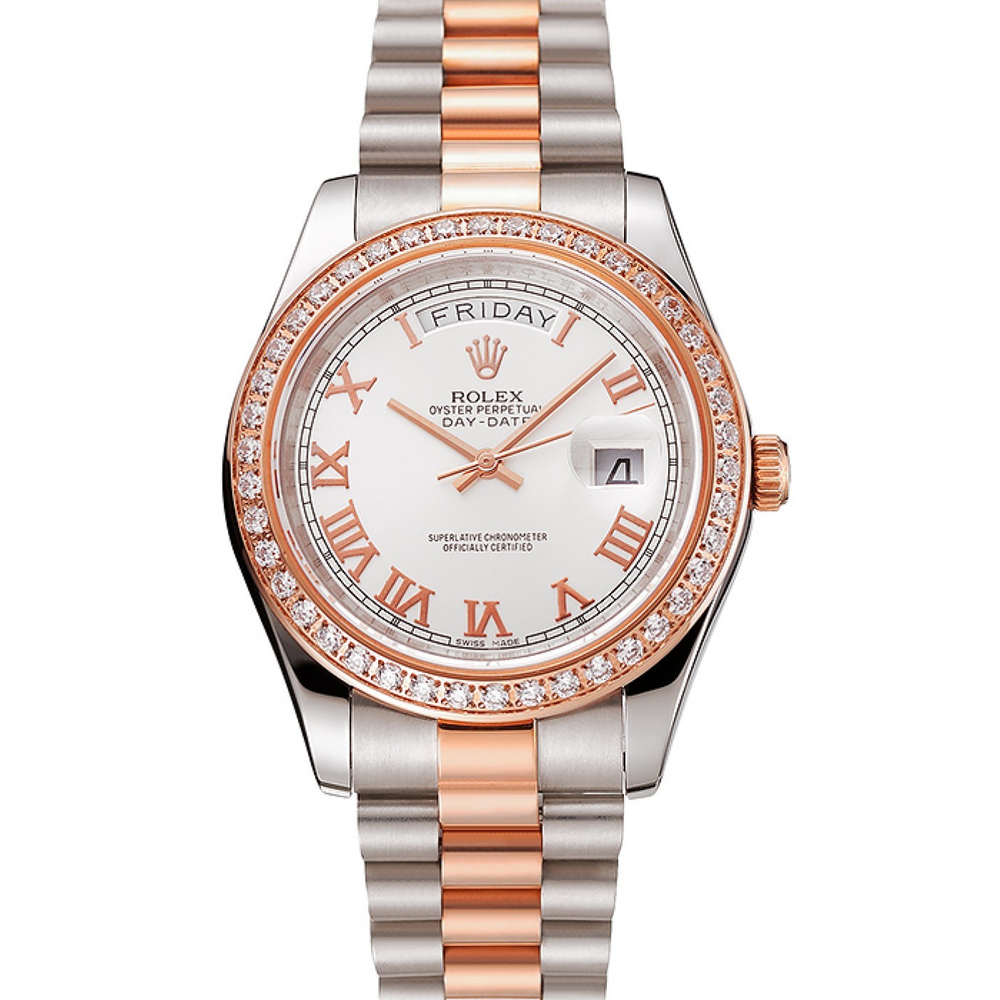 MiroTime Swiss Rolex Day-Date Diamonds Bezel White Dial Rose Gold And Staineless Steel Bracelet 1454108