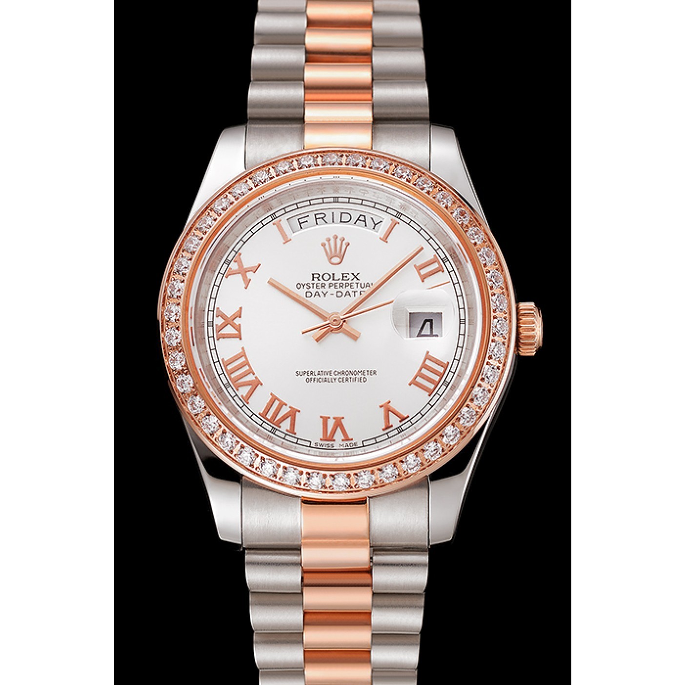 MiroTime Swiss Rolex Day-Date Diamonds Bezel White Dial Rose Gold And Staineless Steel Bracelet 1454108
