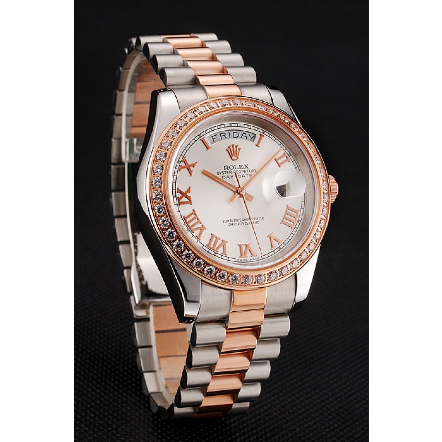 MiroTime Swiss Rolex Day-Date Diamonds Bezel White Dial Rose Gold And Staineless Steel Bracelet 1454108