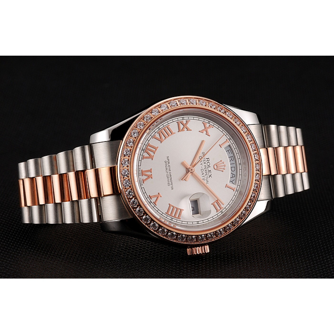 MiroTime Swiss Rolex Day-Date Diamonds Bezel White Dial Rose Gold And Staineless Steel Bracelet 1454108