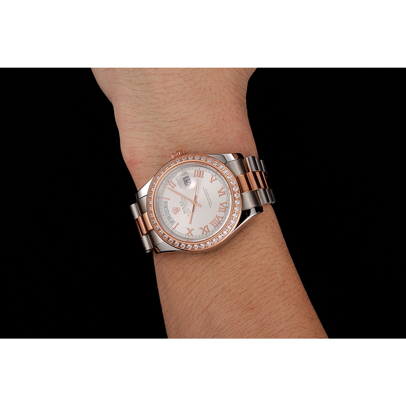 MiroTime Swiss Rolex Day-Date Diamonds Bezel White Dial Rose Gold And Staineless Steel Bracelet 1454108