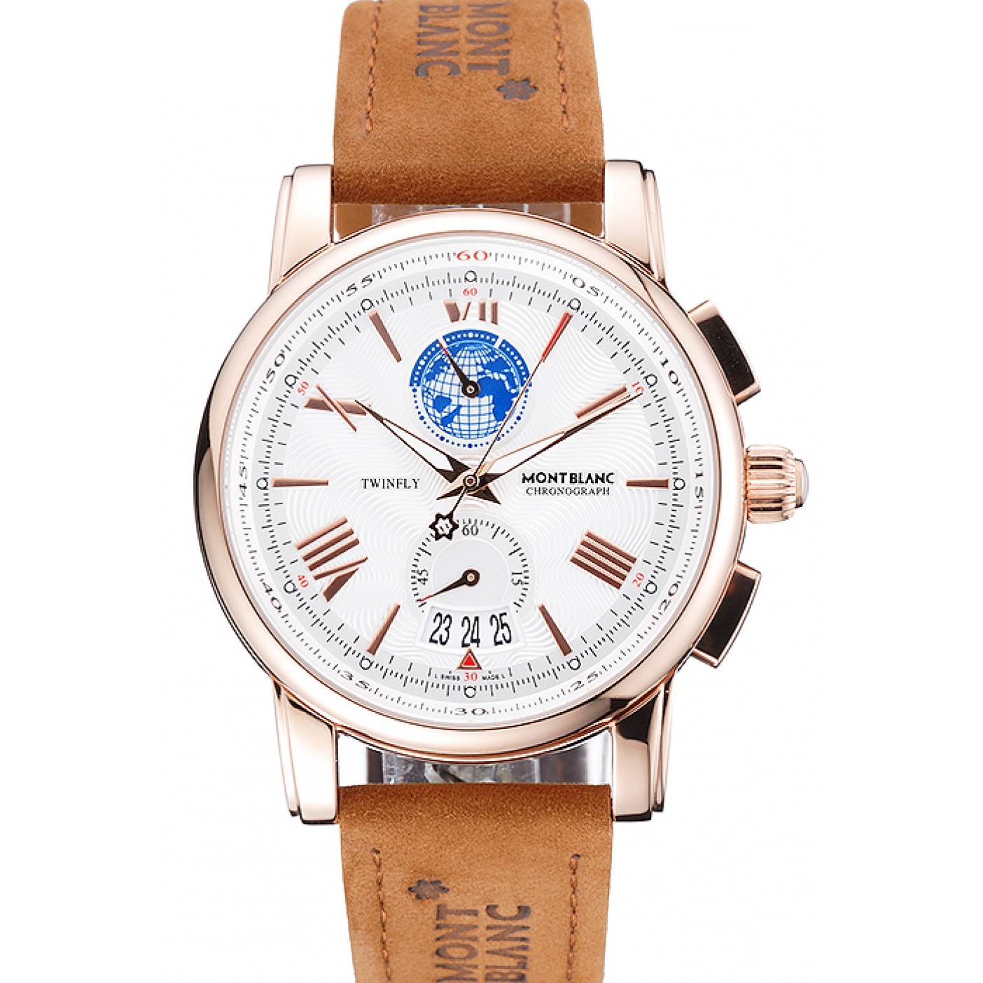 MiroTime Montblanc Twinfly Chronograph White Dial Brown Suede Leather Bracelet 1454116