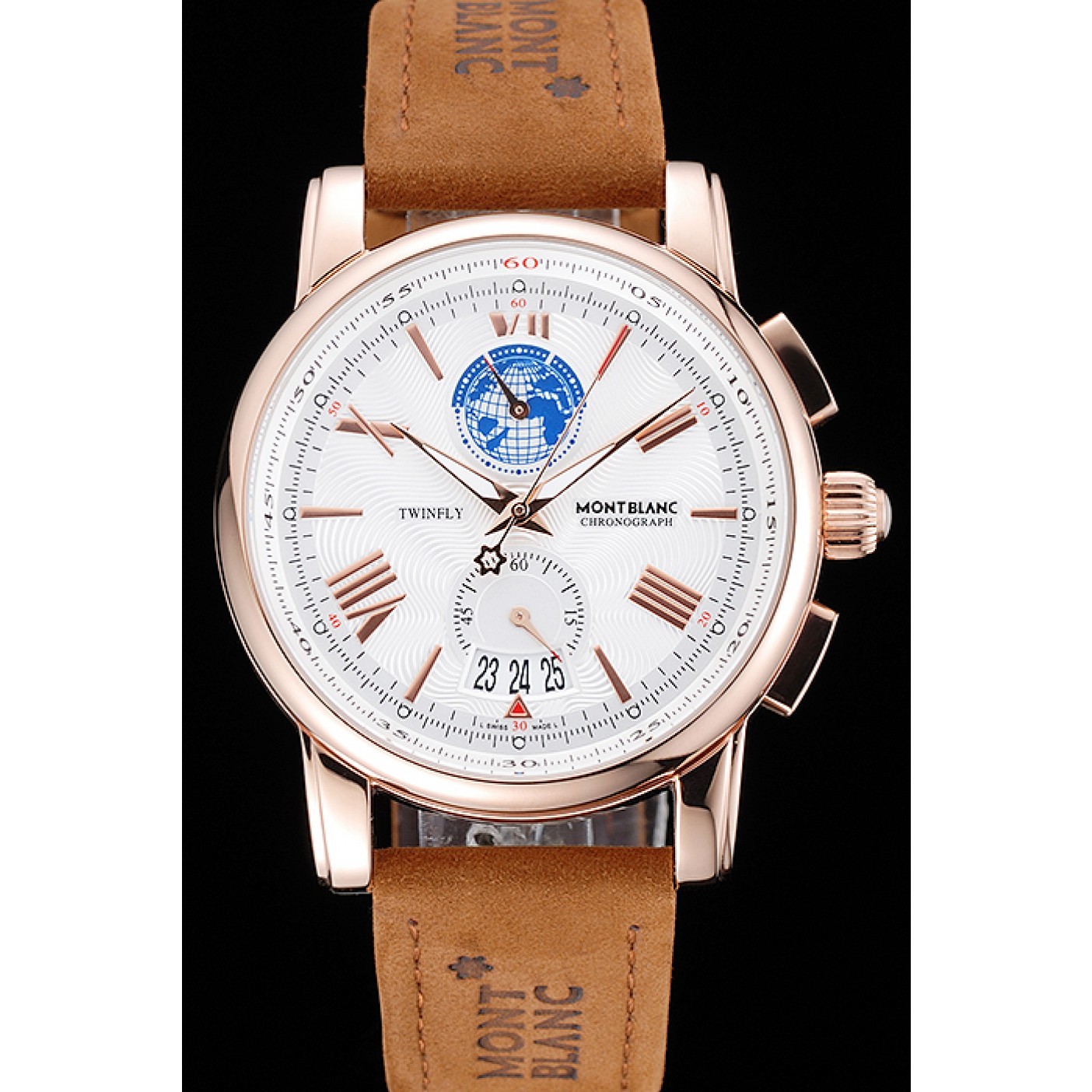 MiroTime Montblanc Twinfly Chronograph White Dial Brown Suede Leather Bracelet 1454116