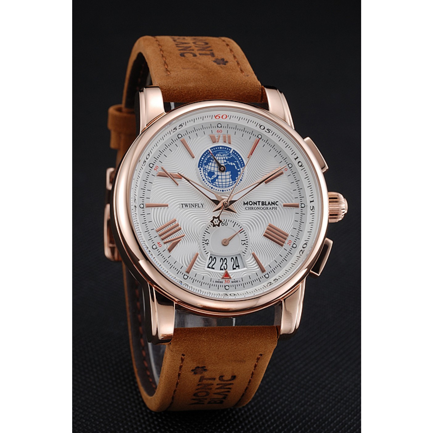 MiroTime Montblanc Twinfly Chronograph White Dial Brown Suede Leather Bracelet 1454116