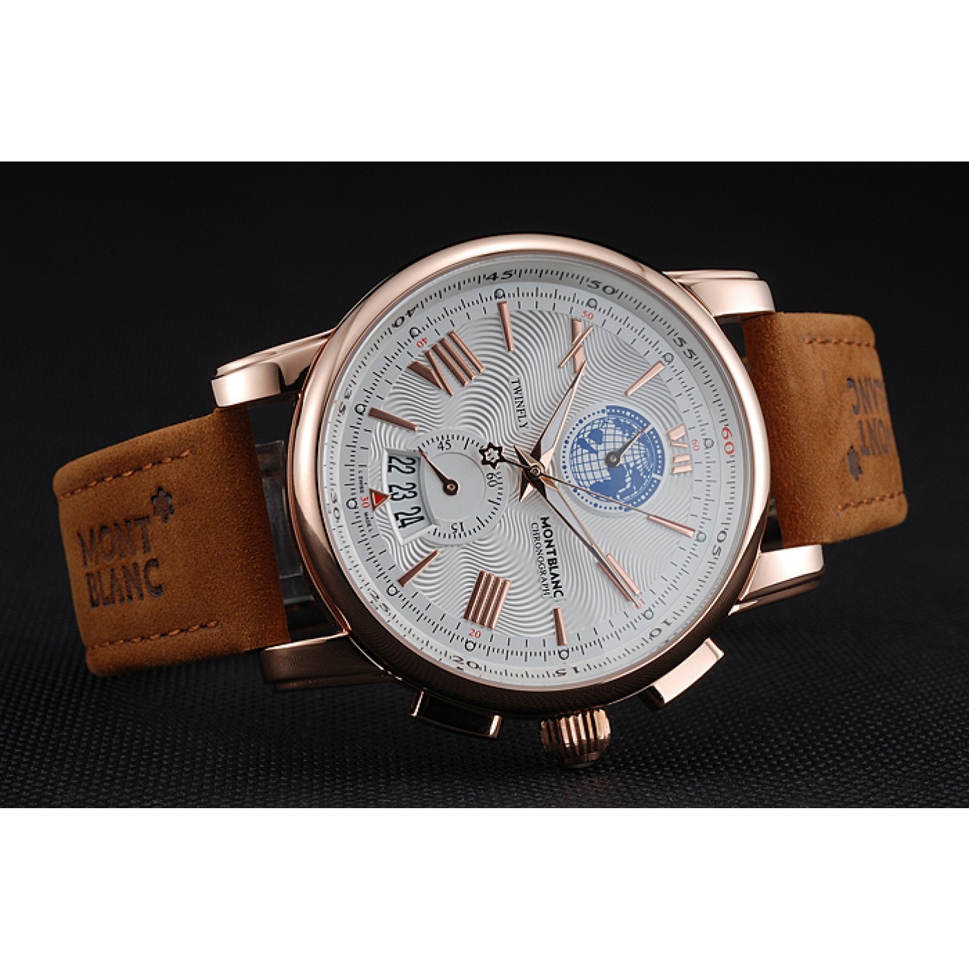 MiroTime Montblanc Twinfly Chronograph White Dial Brown Suede Leather Bracelet 1454116