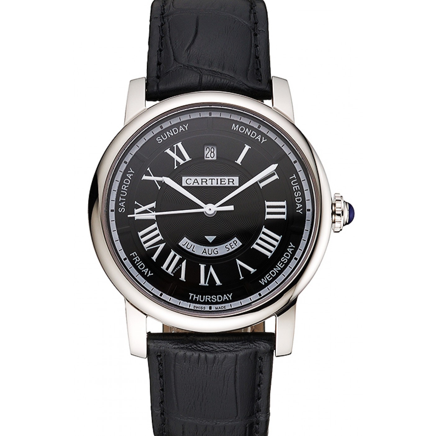 MiroTime Swiss Cartier Rotonde Annual Calendar Black Dial Stainless Steel Case Black Leather Strap
