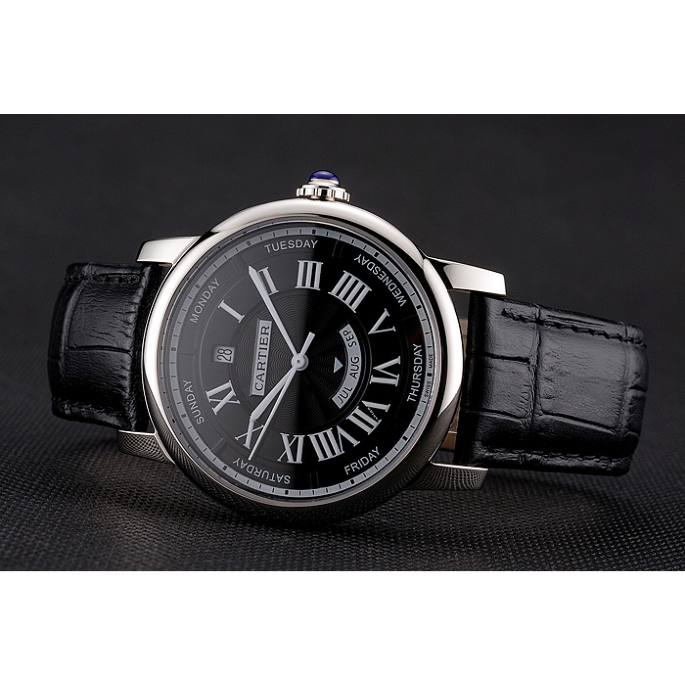 MiroTime Swiss Cartier Rotonde Annual Calendar Black Dial Stainless Steel Case Black Leather Strap