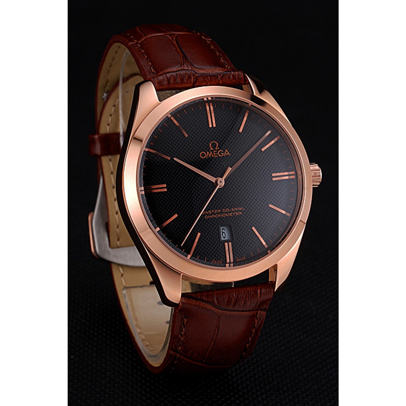 MiroTime Omega Tresor Master Co-Axial Black Dial Rose Gold Case Brown Leather Strap