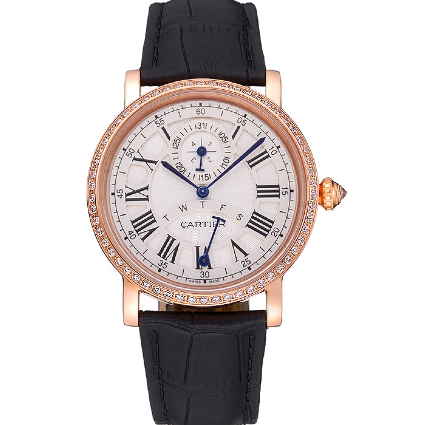 MiroTime Cartier Rotonde White Dial Gold Case With Jewels Black Leather Strap 622760