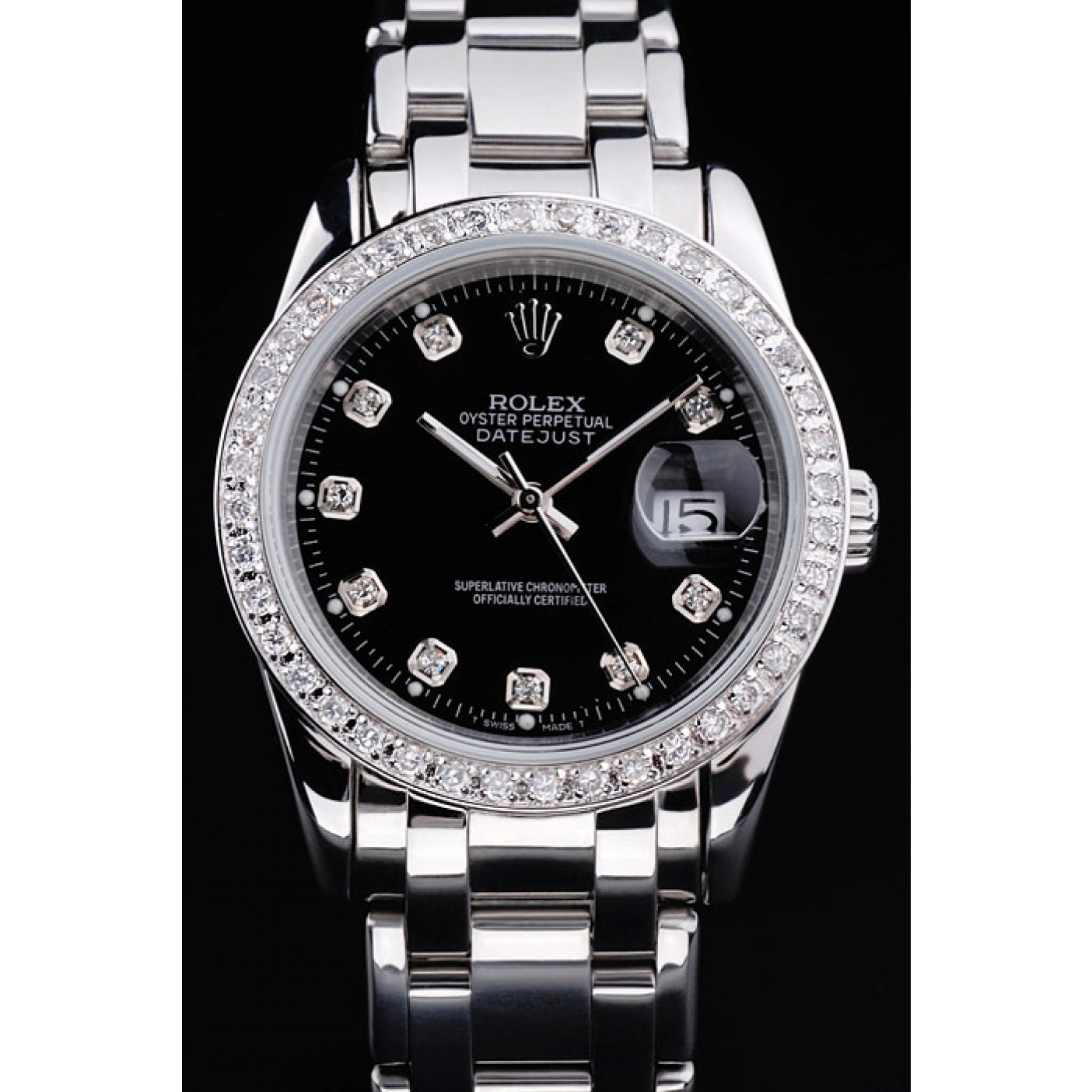 MiroTime Rolex DateJust Black Dial Diamond Bezel Stainless Steel Bracelet