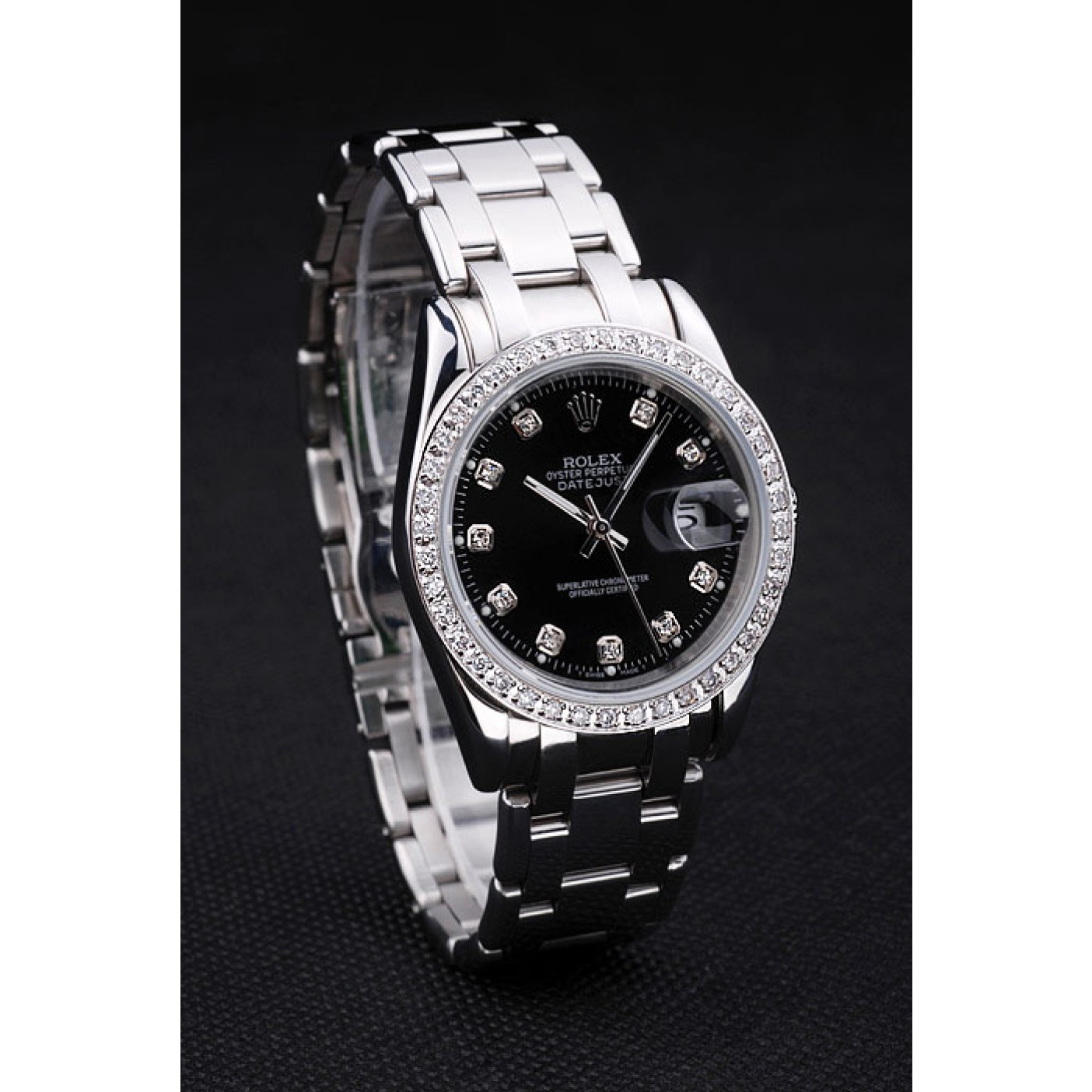 MiroTime Rolex DateJust Black Dial Diamond Bezel Stainless Steel Bracelet