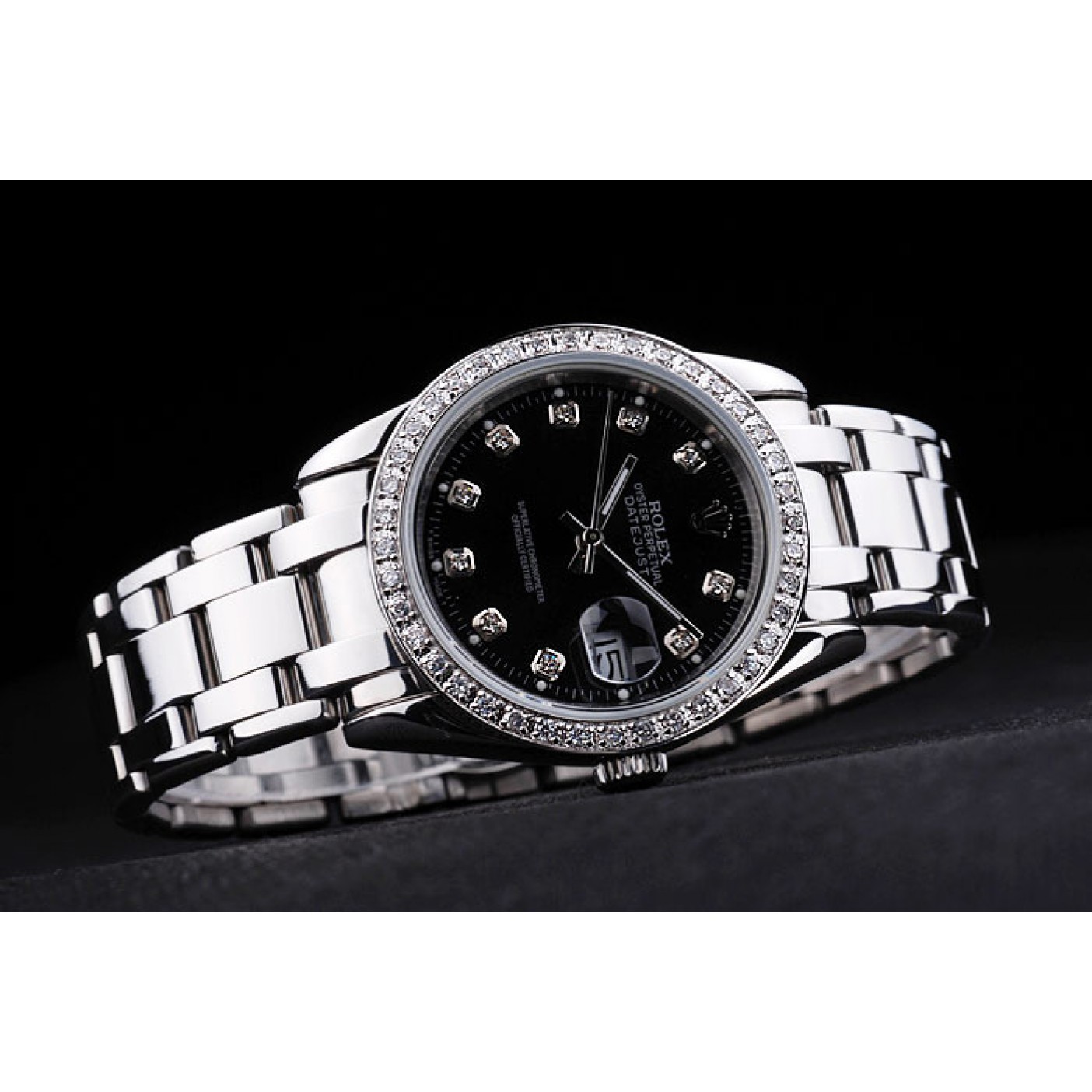 MiroTime Rolex DateJust Black Dial Diamond Bezel Stainless Steel Bracelet