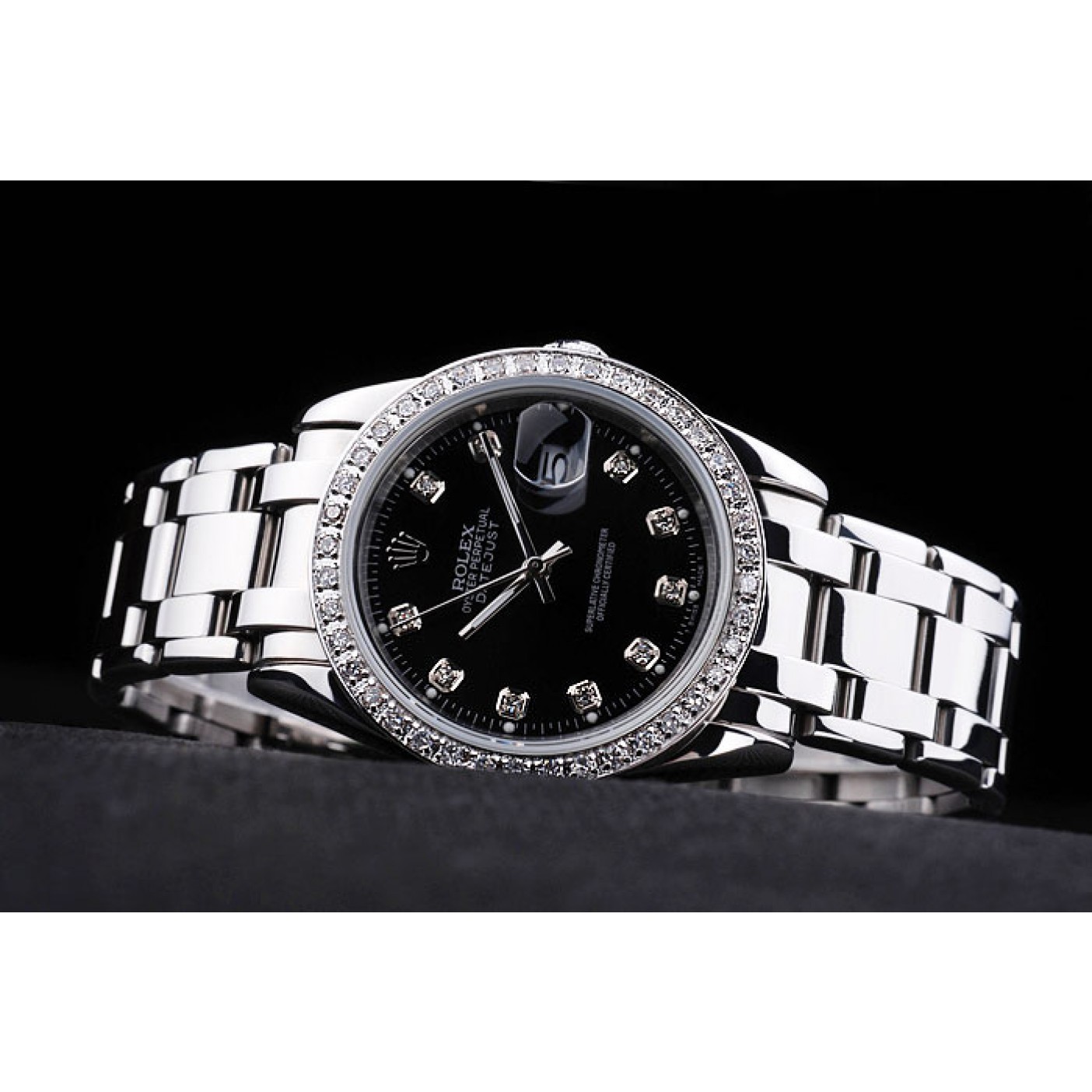 MiroTime Rolex DateJust Black Dial Diamond Bezel Stainless Steel Bracelet