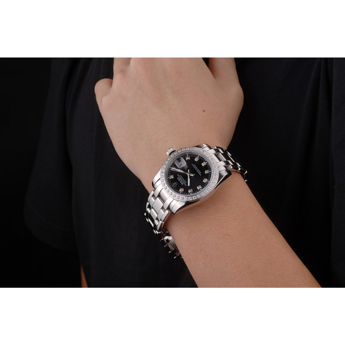 MiroTime Rolex DateJust Black Dial Diamond Bezel Stainless Steel Bracelet