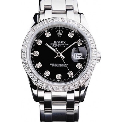MiroTime Rolex DateJust Black Dial Diamond Bezel Stainless Steel Bracelet