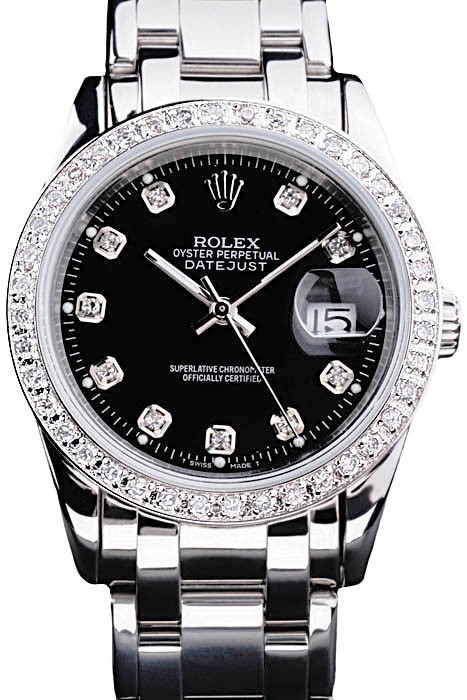 MiroTime Rolex DateJust Black Dial Diamond Bezel Stainless Steel Bracelet