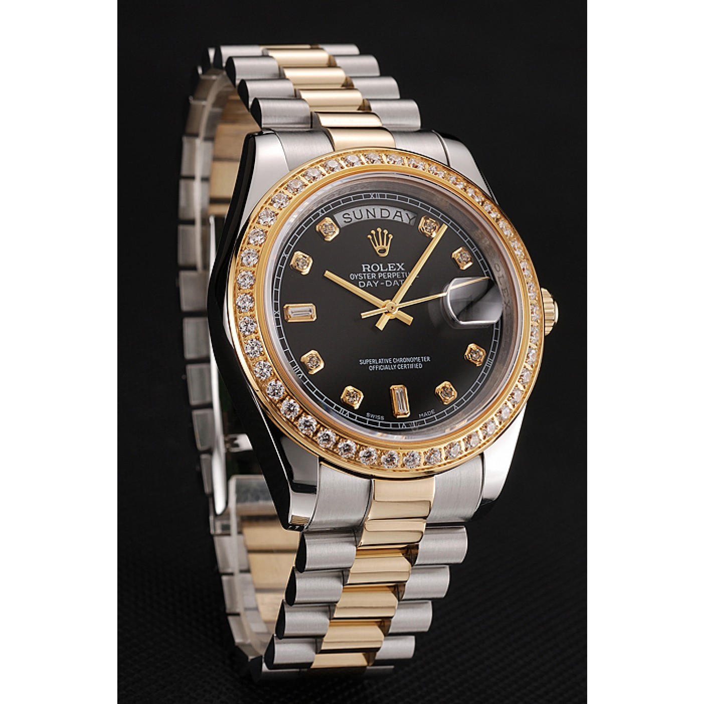 MiroTime Swiss Rolex Day-Date Black Dial Gold Diamond Case Two Tone Stainless Steel Bracelet 1453976