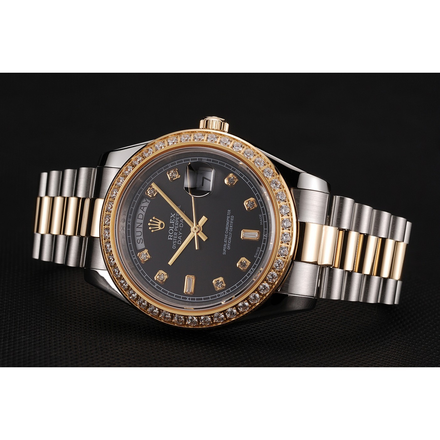 MiroTime Swiss Rolex Day-Date Black Dial Gold Diamond Case Two Tone Stainless Steel Bracelet 1453976