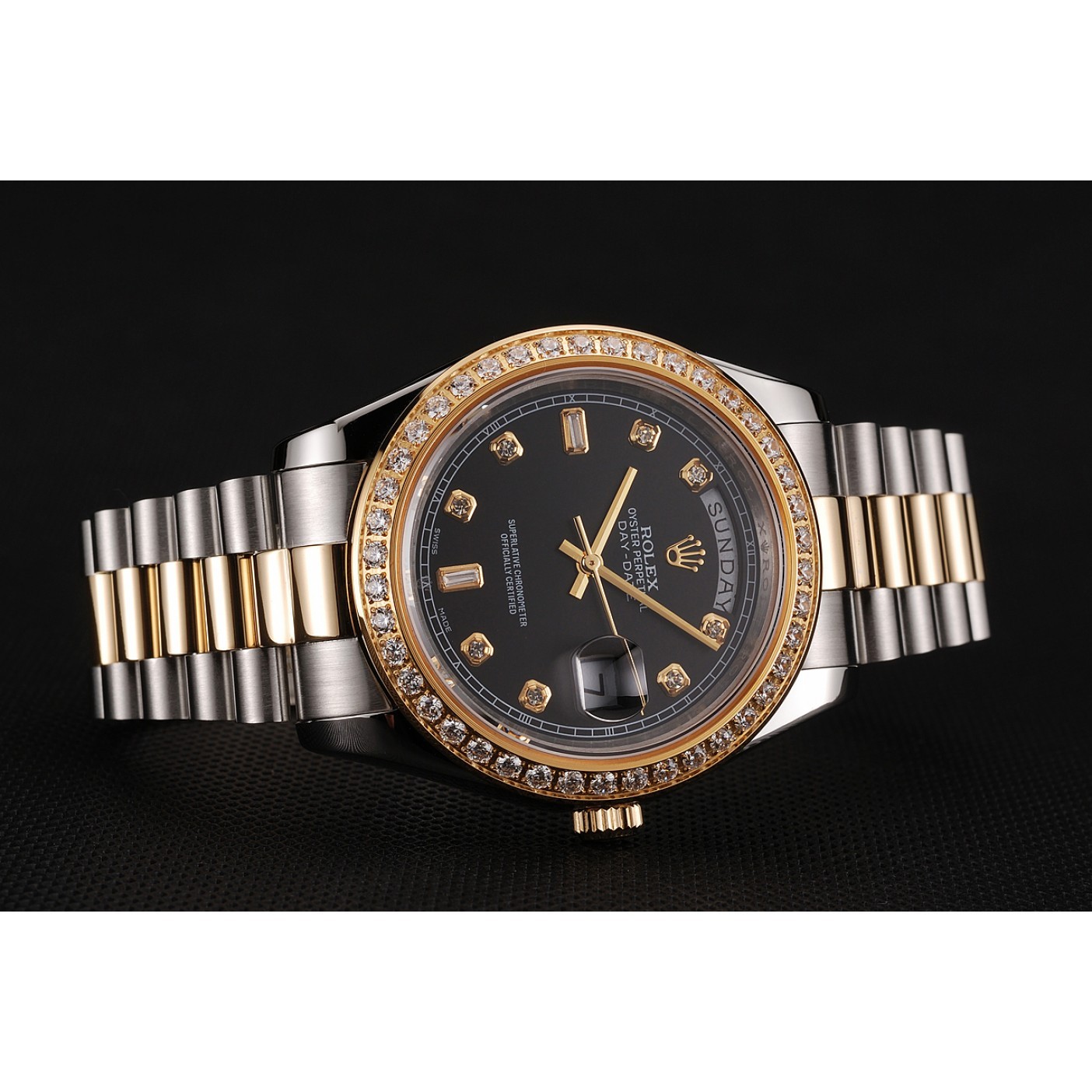 MiroTime Swiss Rolex Day-Date Black Dial Gold Diamond Case Two Tone Stainless Steel Bracelet 1453976