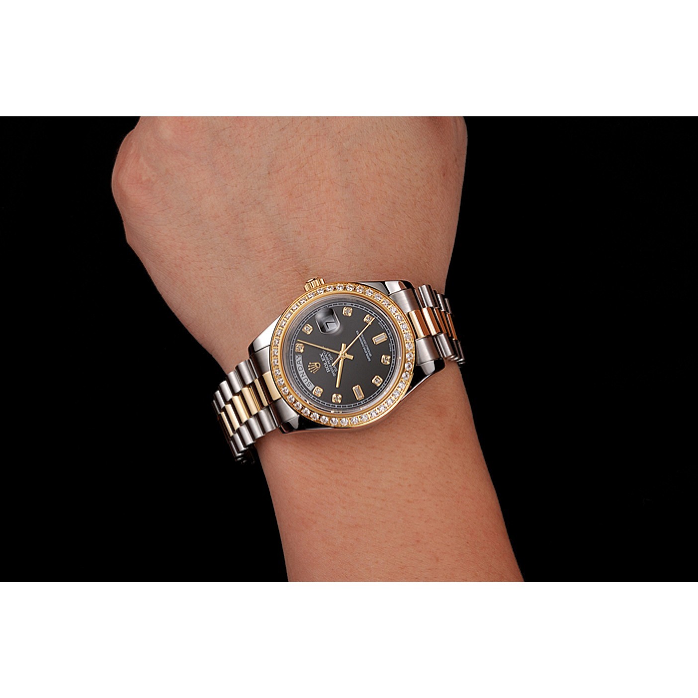 MiroTime Swiss Rolex Day-Date Black Dial Gold Diamond Case Two Tone Stainless Steel Bracelet 1453976