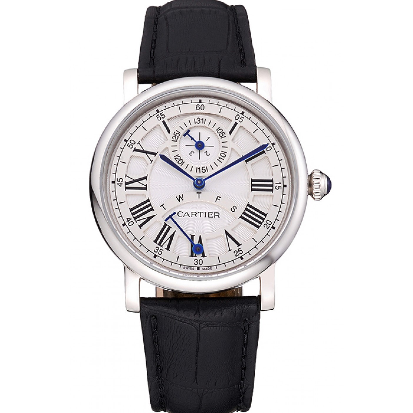 MiroTime Cartier Rotonde White Dial Stainless Steel Case Black Leather Strap 622757