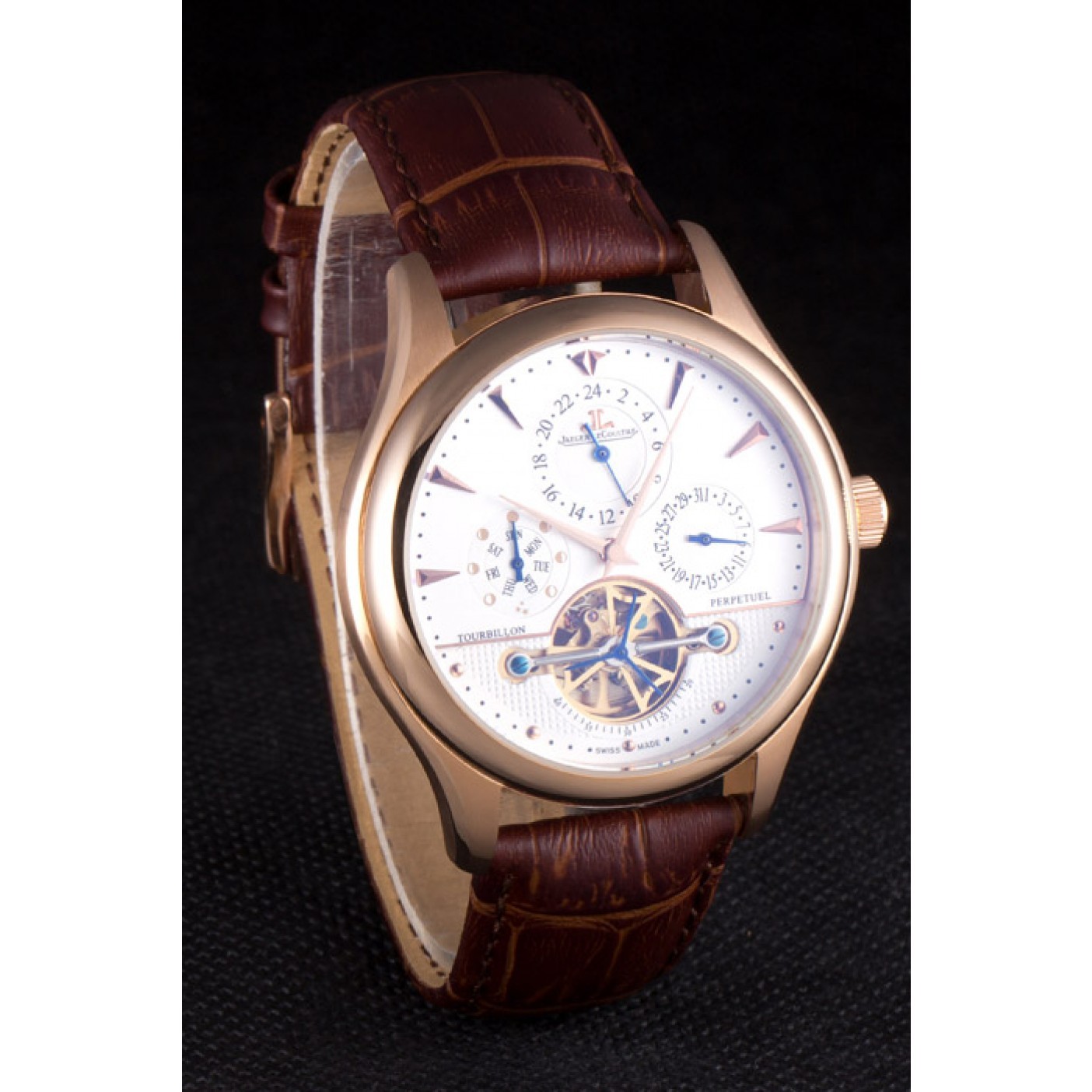 MiroTime Jaeger Lecoultre Tourbillon Perpetuel Gold Bezel Brown Leather Band 621618