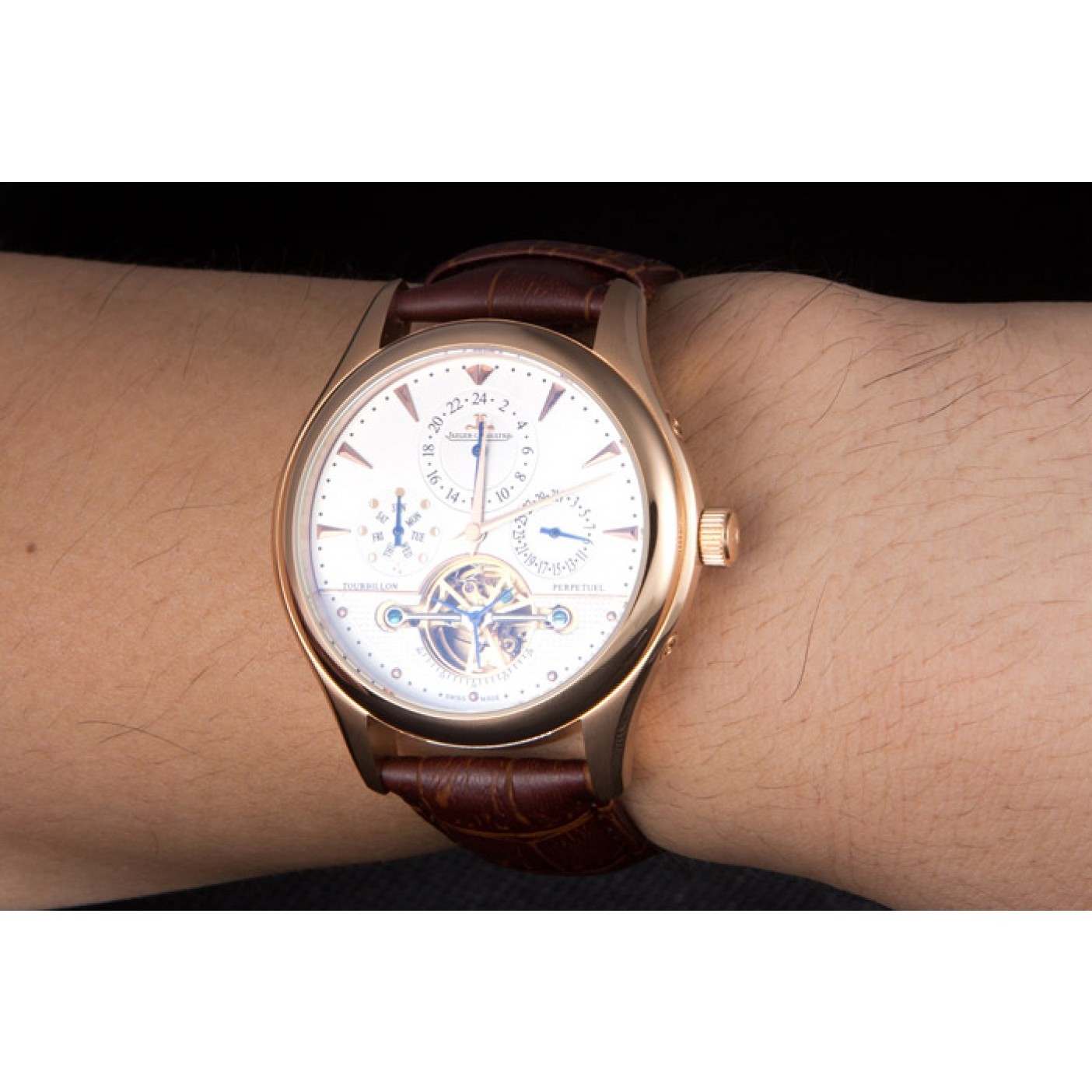 MiroTime Jaeger Lecoultre Tourbillon Perpetuel Gold Bezel Brown Leather Band 621618